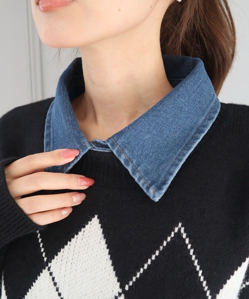 CECIL McBEE(セシルマクビー)の「デニム取り外し襟付きアーガイルニット(ニット/セーター・レディース・アイボリー/ブラウン/ブラック・MEDIUM)」の14枚目の写真