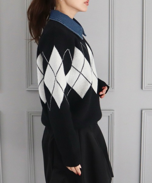 CECIL McBEE(セシルマクビー)の「デニム取り外し襟付きアーガイルニット(ニット/セーター・レディース・アイボリー/ブラウン/ブラック・MEDIUM)」の13枚目の写真