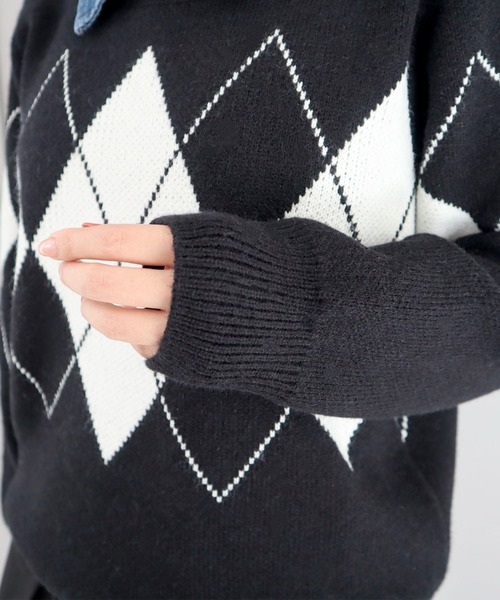 CECIL McBEE(セシルマクビー)の「デニム取り外し襟付きアーガイルニット(ニット/セーター・レディース・アイボリー/ブラウン/ブラック・MEDIUM)」の16枚目の写真