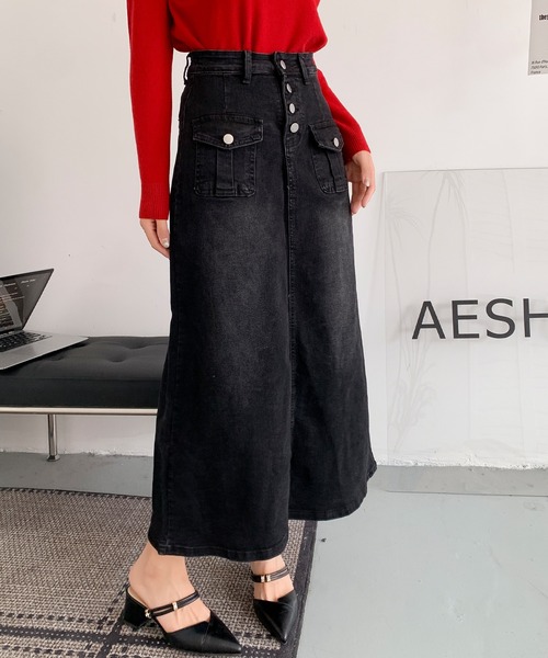 aimoha(アイモハ)の「フロントボタン デニム ロングスカート(デニムスカート・レディース・ブラック/ブルー・LARGE/MEDIUM/SMALL)」の1枚目の写真