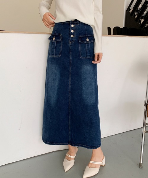 aimoha(アイモハ)の「フロントボタン デニム ロングスカート(デニムスカート・レディース・ブラック/ブルー・LARGE/MEDIUM/SMALL)」の3枚目の写真