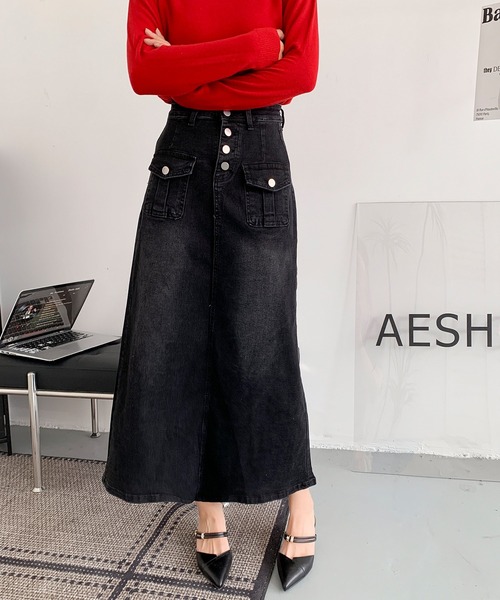 aimoha(アイモハ)の「フロントボタン デニム ロングスカート(デニムスカート・レディース・ブラック/ブルー・LARGE/MEDIUM/SMALL)」の11枚目の写真