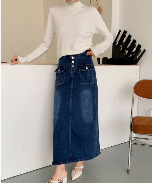 aimoha(アイモハ)の「フロントボタン デニム ロングスカート(デニムスカート・レディース・ブラック/ブルー・LARGE/MEDIUM/SMALL)」の5枚目の写真