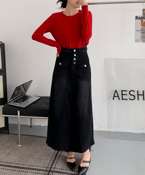 aimoha(アイモハ)の「フロントボタン デニム ロングスカート(デニムスカート・レディース・ブラック/ブルー・LARGE/MEDIUM/SMALL)」の12枚目の写真