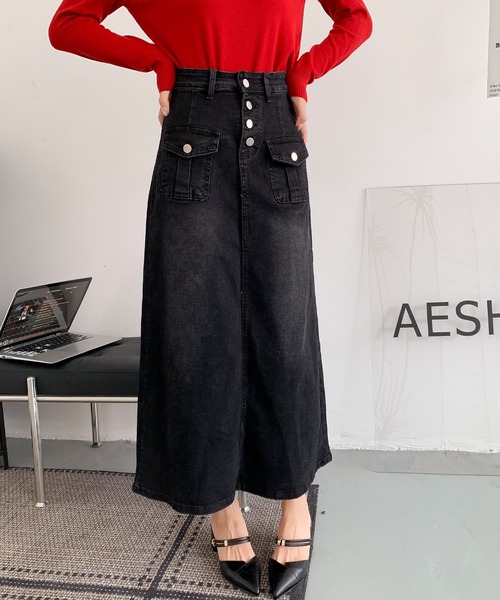 aimoha(アイモハ)の「フロントボタン デニム ロングスカート(デニムスカート・レディース・ブラック/ブルー・LARGE/MEDIUM/SMALL)」の8枚目の写真