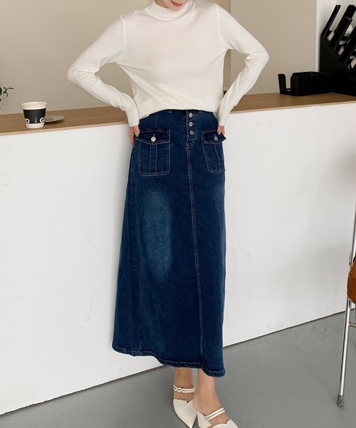 aimoha(アイモハ)の「フロントボタン デニム ロングスカート(デニムスカート・レディース・ブラック/ブルー・LARGE/MEDIUM/SMALL)」の4枚目の写真