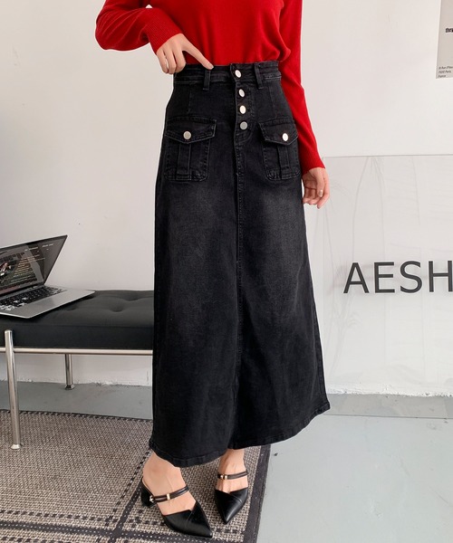 aimoha(アイモハ)の「フロントボタン デニム ロングスカート(デニムスカート・レディース・ブラック/ブルー・LARGE/MEDIUM/SMALL)」の10枚目の写真