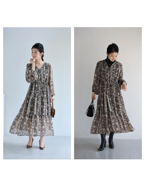 cawaii(カワイイ)の「ふわり広がるエスニックな花柄ミディアムワンピース(ワンピース・レディース・チャコールグレー・FREE)」の11枚目の写真