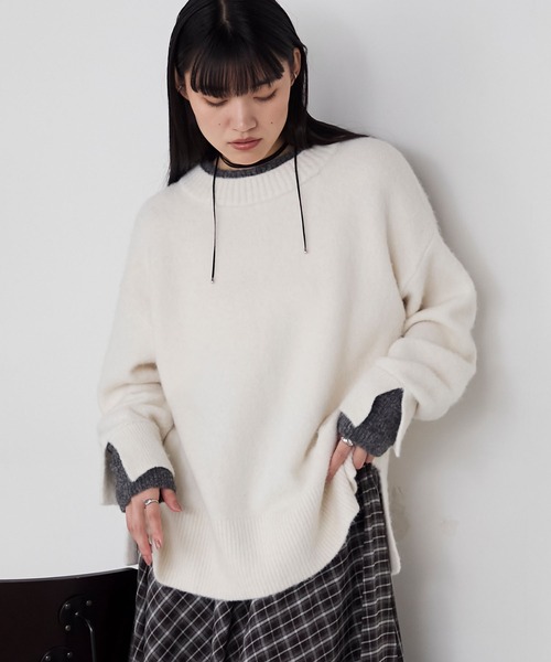 forksy.】<エブリデイシリーズ>レイヤード風モックネックニットプル forksy.】<エブリデイシリーズ>レイヤード風モックネックニットプル
