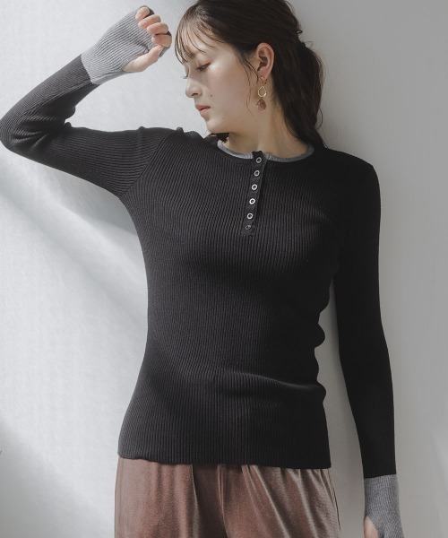 slattgir(スラットジール)の「高身長 配色ヘンリーネックニットプルオーバー(指穴つき)(トールサイズ)Essenave(ニット/セーター・レディース・グレー系/ブラック系・TM/TL/TLL/T3L)」の12枚目の写真