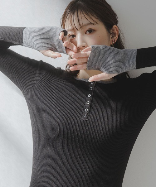 slattgir(スラットジール)の「高身長 配色ヘンリーネックニットプルオーバー(指穴つき)(トールサイズ)Essenave(ニット/セーター・レディース・グレー系/ブラック系・TM/TL/TLL/T3L)」の13枚目の写真