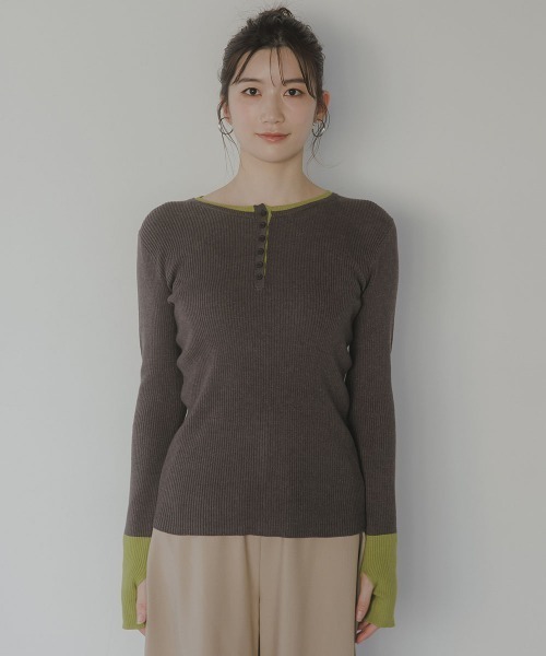 slattgir(スラットジール)の「高身長 配色ヘンリーネックニットプルオーバー(指穴つき)(トールサイズ)Essenave(ニット/セーター・レディース・グレー系/ブラック系・TM/TL/TLL/T3L)」の18枚目の写真