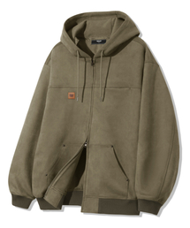 TRILLION（トリリオン）の「Leather Patch Suede Work Hooded Zip-Up_Khaki（パーカー）」