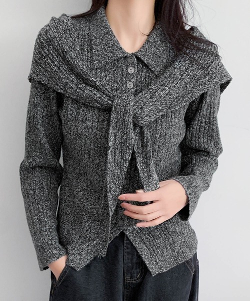 LOWO(ロワ)の「ストール付き ニット 長袖 トップス レディース プルオーバー 秋冬(ニット/セーター・レディース・ブラック/カーキ/ブラウン/キャメル・FREE)」の6枚目の写真