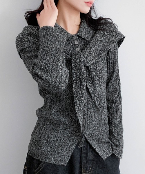LOWO(ロワ)の「ストール付き ニット 長袖 トップス レディース プルオーバー 秋冬(ニット/セーター・レディース・ブラック/カーキ/ブラウン/キャメル・FREE)」の7枚目の写真