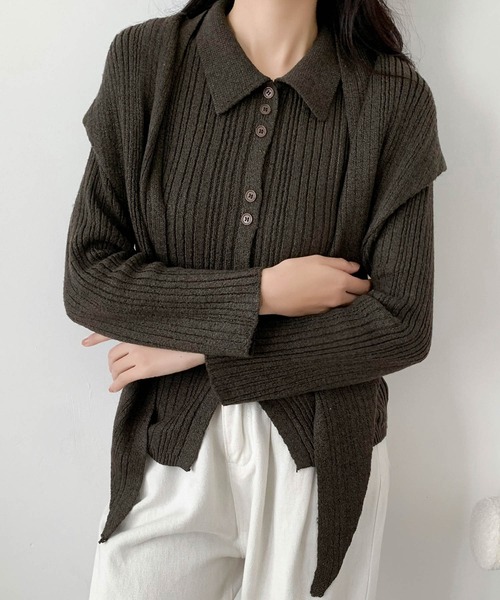 LOWO(ロワ)の「ストール付き ニット 長袖 トップス レディース プルオーバー 秋冬(ニット/セーター・レディース・ブラック/カーキ/ブラウン/キャメル・FREE)」の12枚目の写真