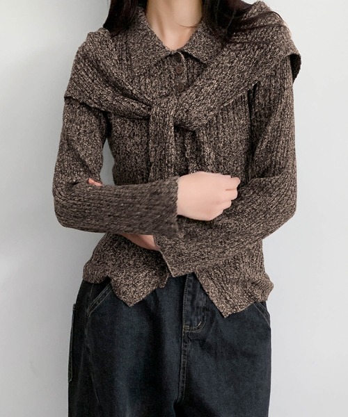 LOWO(ロワ)の「ストール付き ニット 長袖 トップス レディース プルオーバー 秋冬(ニット/セーター・レディース・ブラック/カーキ/ブラウン/キャメル・FREE)」の18枚目の写真