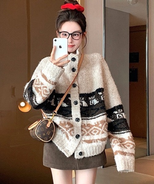 セール】ノルディック柄カウチンニットカーディガン（カーディガン