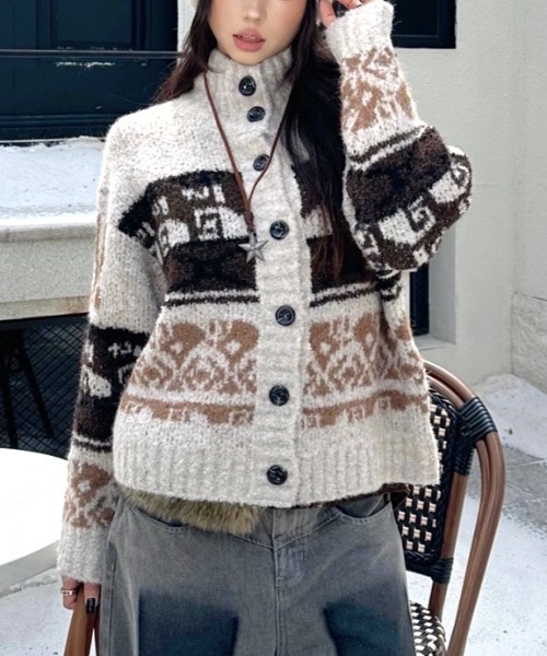セール】ノルディック柄カウチンニットカーディガン（カーディガン