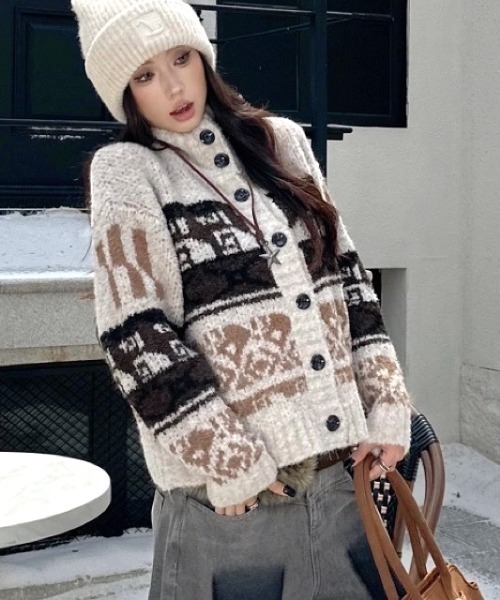 セール】ノルディック柄カウチンニットカーディガン（カーディガン