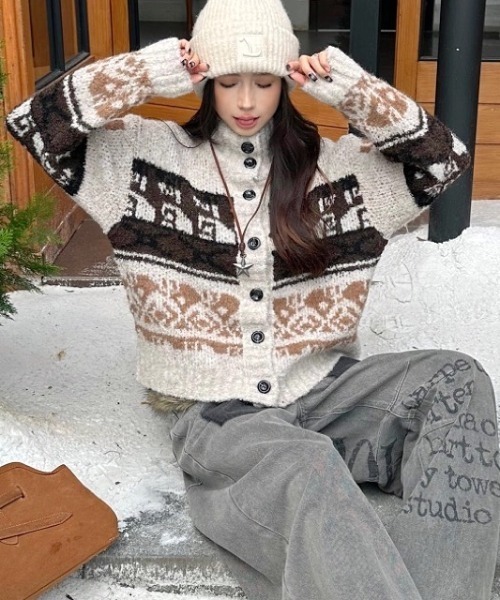 シールームリン カウチンニット ニットカーディガン セール】ノルディック柄カウチンニットカーディガン（カーディガン