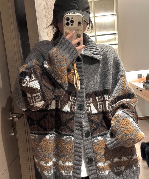 セール】ノルディック柄カウチンニットカーディガン（カーディガン