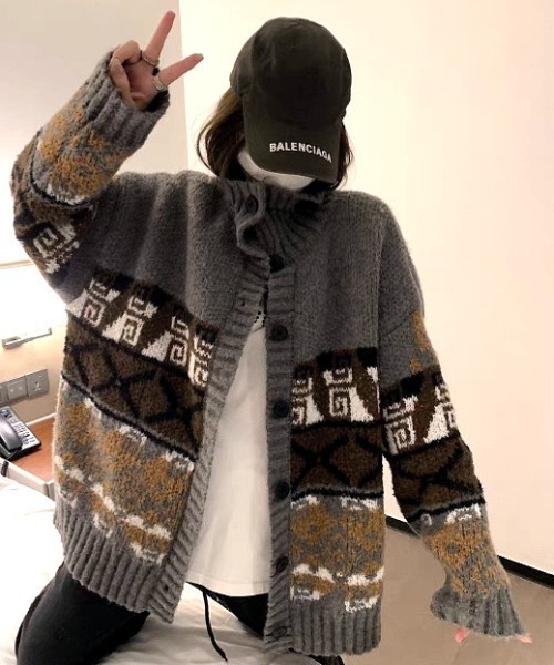 セール】ノルディック柄カウチンニットカーディガン（カーディガン