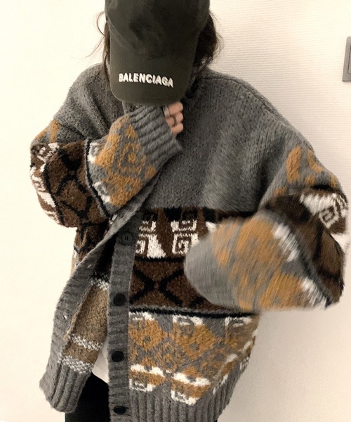 セール】ノルディック柄カウチンニットカーディガン（カーディガン