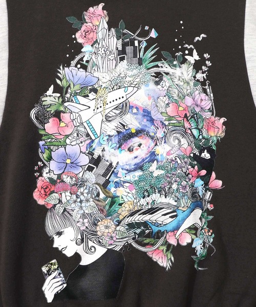 ScoLar（スカラー）の「153740：花×宇宙×アート バイカラー裏起毛プルオーバー（Tシャツ/カットソー・レディース・ブラック/チャコールグレー/杢グレー・M）」の11枚目の写真