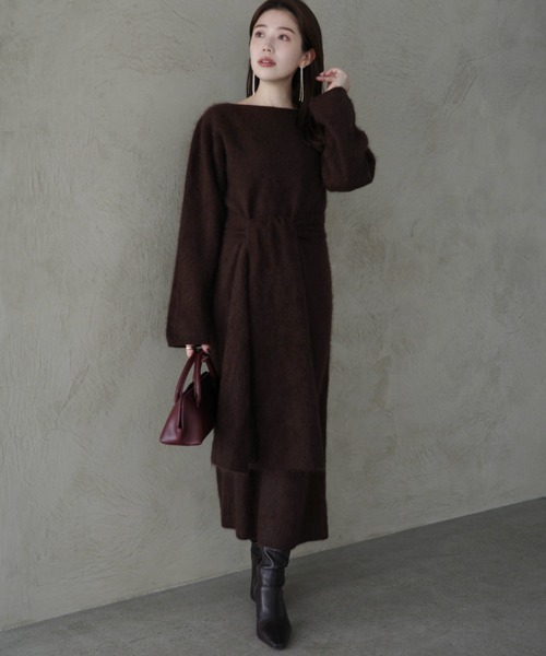 美品 アニオナ ウールニット ワンピース ブラウン カシミヤ シルク S 長袖 ウールミンクニットワンピース（ワンピース）｜anuans（アニュアンス