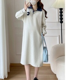 N.s（エヌドットエス）の「ワンピース  ワッペン付きえりつき  ロングワンピース  長袖  スウェット  韓国ファッション  ゆったりルームウェア（ワンピース）」