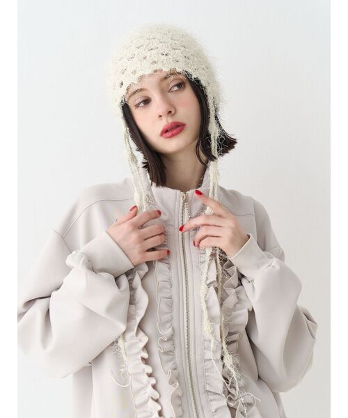 jouetie（ジュエティ）の「フェザーニットビニー（ニットキャップ/ビーニー・レディース・ブラック/アイボリー・FREE）」の6枚目の写真