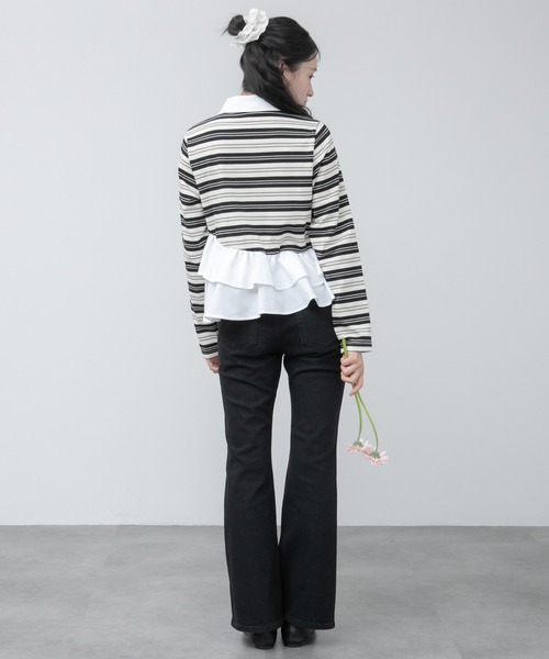 HEILIS(ヘイリス)の「ペプラムポロカットソートップス / ボーダー 無地 ポロシャツ ブラウス カットソー トップス 長袖 ペプラム フリル 韓国 春服 秋服 夏服 冬服 オフィスカジュアル きれいめ ガーリー フレンチシック グレー ネイビー ブルー ブラック(Tシャツ/カットソー・レディース・ブルー系その他/ネイビー/ブラック系その他/グレー・FREE)」の13枚目の写真
