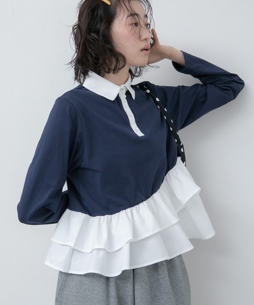 HEILIS(ヘイリス)の「ペプラムポロカットソートップス / ボーダー 無地 ポロシャツ ブラウス カットソー トップス 長袖 ペプラム フリル 韓国 春服 秋服 夏服 冬服 オフィスカジュアル きれいめ ガーリー フレンチシック グレー ネイビー ブルー ブラック(Tシャツ/カットソー・レディース・ブルー系その他/ネイビー/ブラック系その他/グレー・FREE)」の22枚目の写真