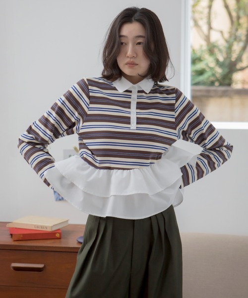 HEILIS(ヘイリス)の「ペプラムポロカットソートップス / ボーダー 無地 ポロシャツ ブラウス カットソー トップス 長袖 ペプラム フリル 韓国 春服 秋服 夏服 冬服 オフィスカジュアル きれいめ ガーリー フレンチシック グレー ネイビー ブルー ブラック(Tシャツ/カットソー・レディース・ブルー系その他/ネイビー/ブラック系その他/グレー・FREE)」の15枚目の写真