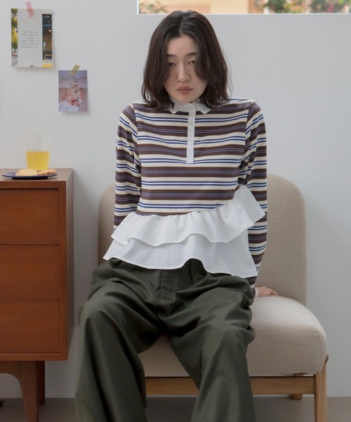 HEILIS(ヘイリス)の「ペプラムポロカットソートップス / ボーダー 無地 ポロシャツ ブラウス カットソー トップス 長袖 ペプラム フリル 韓国 春服 秋服 夏服 冬服 オフィスカジュアル きれいめ ガーリー フレンチシック グレー ネイビー ブルー ブラック(Tシャツ/カットソー・レディース・ブルー系その他/ネイビー/ブラック系その他/グレー・FREE)」の17枚目の写真