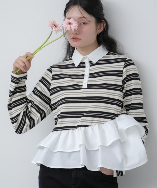 HEILIS(ヘイリス)の「ペプラムポロカットソートップス / ボーダー 無地 ポロシャツ ブラウス カットソー トップス 長袖 ペプラム フリル 韓国 春服 秋服 夏服 冬服 オフィスカジュアル きれいめ ガーリー フレンチシック グレー ネイビー ブルー ブラック(Tシャツ/カットソー・レディース・ブルー系その他/ネイビー/ブラック系その他/グレー・FREE)」の7枚目の写真