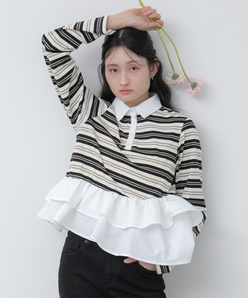 HEILIS(ヘイリス)の「ペプラムポロカットソートップス / ボーダー 無地 ポロシャツ ブラウス カットソー トップス 長袖 ペプラム フリル 韓国 春服 秋服 夏服 冬服 オフィスカジュアル きれいめ ガーリー フレンチシック グレー ネイビー ブルー ブラック(Tシャツ/カットソー・レディース・ブルー系その他/ネイビー/ブラック系その他/グレー・FREE)」の8枚目の写真