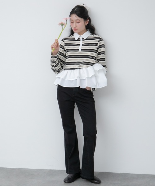 HEILIS(ヘイリス)の「ペプラムポロカットソートップス / ボーダー 無地 ポロシャツ ブラウス カットソー トップス 長袖 ペプラム フリル 韓国 春服 秋服 夏服 冬服 オフィスカジュアル きれいめ ガーリー フレンチシック グレー ネイビー ブルー ブラック(Tシャツ/カットソー・レディース・ブルー系その他/ネイビー/ブラック系その他/グレー・FREE)」の10枚目の写真