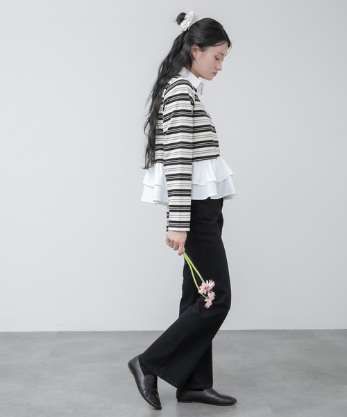 HEILIS(ヘイリス)の「ペプラムポロカットソートップス / ボーダー 無地 ポロシャツ ブラウス カットソー トップス 長袖 ペプラム フリル 韓国 春服 秋服 夏服 冬服 オフィスカジュアル きれいめ ガーリー フレンチシック グレー ネイビー ブルー ブラック(Tシャツ/カットソー・レディース・ブルー系その他/ネイビー/ブラック系その他/グレー・FREE)」の12枚目の写真