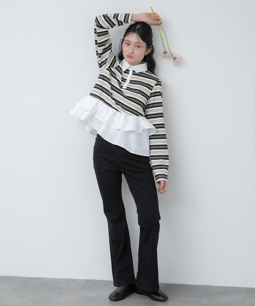 HEILIS(ヘイリス)の「ペプラムポロカットソートップス / ボーダー 無地 ポロシャツ ブラウス カットソー トップス 長袖 ペプラム フリル 韓国 春服 秋服 夏服 冬服 オフィスカジュアル きれいめ ガーリー フレンチシック グレー ネイビー ブルー ブラック(Tシャツ/カットソー・レディース・ブルー系その他/ネイビー/ブラック系その他/グレー・FREE)」の11枚目の写真