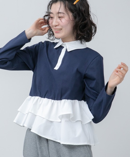 HEILIS(ヘイリス)の「ペプラムポロカットソートップス / ボーダー 無地 ポロシャツ ブラウス カットソー トップス 長袖 ペプラム フリル 韓国 春服 秋服 夏服 冬服 オフィスカジュアル きれいめ ガーリー フレンチシック グレー ネイビー ブルー ブラック(Tシャツ/カットソー・レディース・ブルー系その他/ネイビー/ブラック系その他/グレー・FREE)」の5枚目の写真