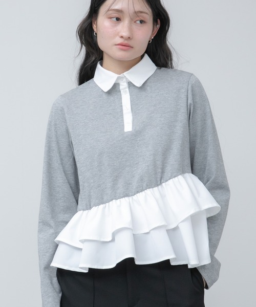 HEILIS(ヘイリス)の「ペプラムポロカットソートップス / ボーダー 無地 ポロシャツ ブラウス カットソー トップス 長袖 ペプラム フリル 韓国 春服 秋服 夏服 冬服 オフィスカジュアル きれいめ ガーリー フレンチシック グレー ネイビー ブルー ブラック(Tシャツ/カットソー・レディース・ブルー系その他/ネイビー/ブラック系その他/グレー・FREE)」の6枚目の写真