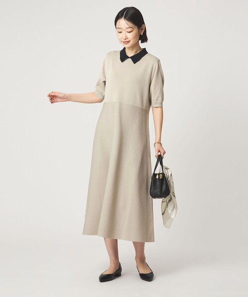 green label relaxing（グリーンレーベルリラクシング）の「ハイショク エリツキ ショートスリーブ ニット ワンピース（ワンピース・レディース・ナチュラル/ブラック・FREE）」の2枚目の写真