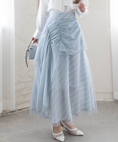 CLEAR BASIC（クリアベーシック）の「シャーリング切替アシンメトリーチェック柄チュールスカート[大人 フェミニン 上品]≪新作≫（スカート・レディース・ブラック/サックスブルー・F/PF）」の3枚目の写真