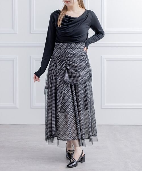 CLEAR BASIC（クリアベーシック）の「シャーリング切替アシンメトリーチェック柄チュールスカート[大人 フェミニン 上品]≪新作≫（スカート・レディース・ブラック/サックスブルー・F/PF）」の7枚目の写真