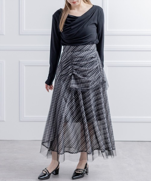 CLEAR BASIC（クリアベーシック）の「シャーリング切替アシンメトリーチェック柄チュールスカート[大人 フェミニン 上品]≪新作≫（スカート・レディース・ブラック/サックスブルー・F/PF）」の8枚目の写真