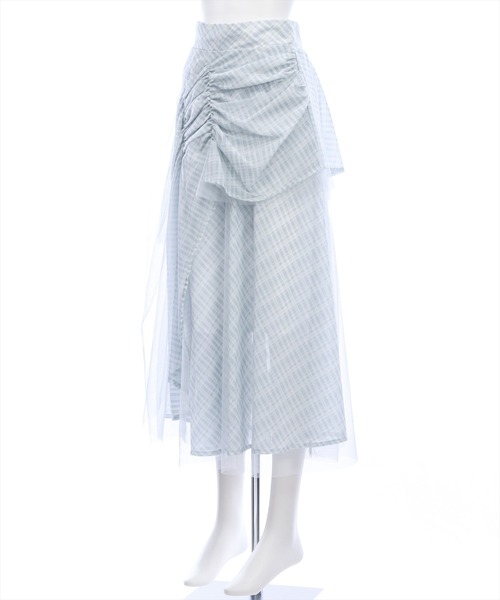 CLEAR BASIC（クリアベーシック）の「シャーリング切替アシンメトリーチェック柄チュールスカート[大人 フェミニン 上品]≪新作≫（スカート・レディース・ブラック/サックスブルー・F/PF）」の13枚目の写真