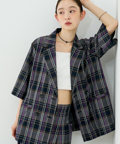 NOMINE（ノミネ）の「【セットアップ対応】ハーフスリーブ チェック ジャケット（テーラードジャケット・レディース・ブラウン/ダークネイビー・フリー）」の2枚目の写真