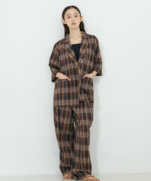 NOMINE（ノミネ）の「【セットアップ対応】ハーフスリーブ チェック ジャケット（テーラードジャケット・レディース・ブラウン/ダークネイビー・フリー）」の3枚目の写真